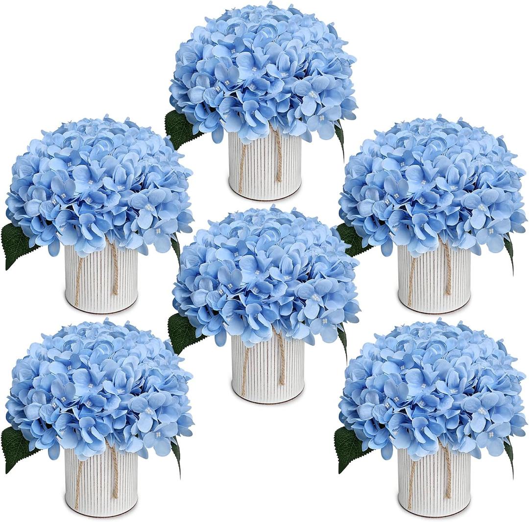 Flower Table Centerpieces - Set of 6 Floral Arrangement Artificial Wedding Hydrangeas Floral Arrangement with Rustic Metal Vase for Bridal Tea Party Event Decorations - Pastel Blue