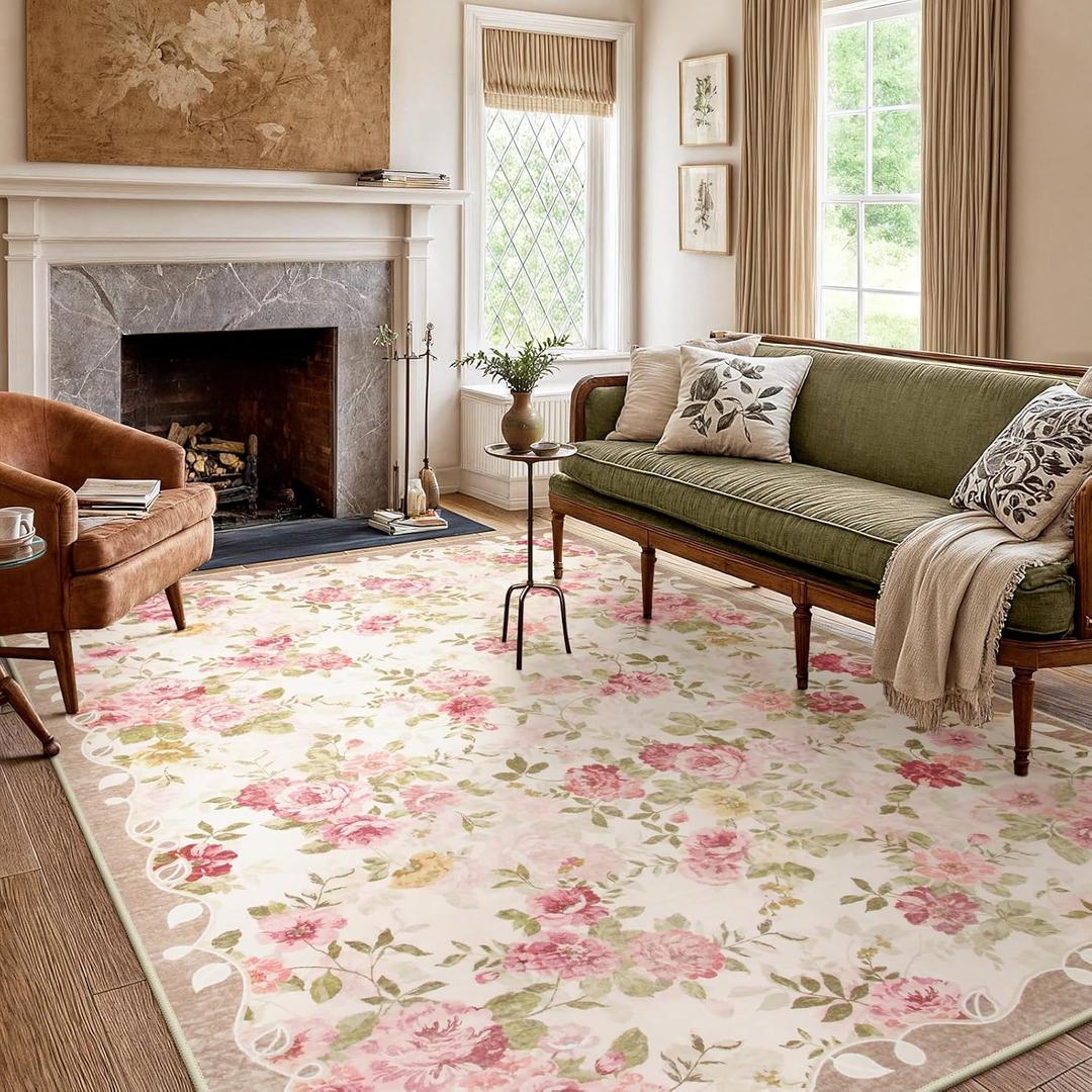 Lahome Floral Washable Rugs 5x7,Rugs for Living Room Pink Area Rug,Vintage Rugs for Bedroom Girls Non Slip Low Pile Ultra-Thin Large Carpet for Farmhouse,Dining Room,Kids Playroom Nina (5'X7',Beige)