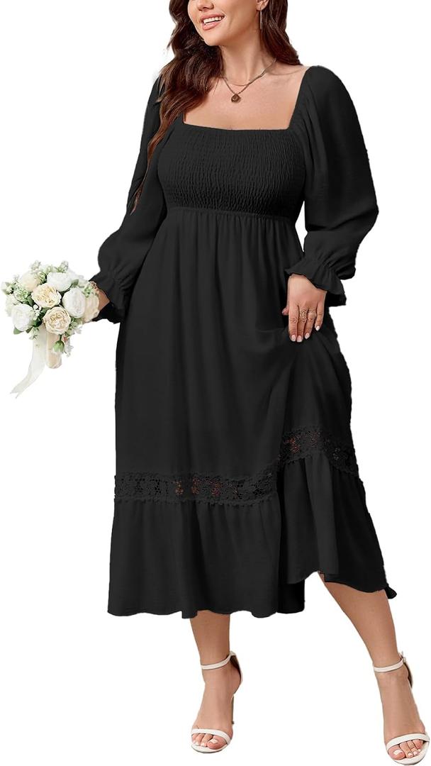 SCOMCHIC Womens Plus Size Fall Dresses Long Sleeve Square Neck Wedding Guest Smocked Flowy Boho Country Western Maxi Dress (Black, XXXL)