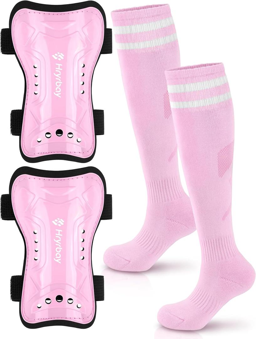 Hryrbay Kids Soccer Shin Guards and Socks Toddler Soccer Shin Pads Protective Defender Gear for Boys Girls Ages 3-15 Great for Training, Matches, Inspired by The World Cup (Small, Pink)