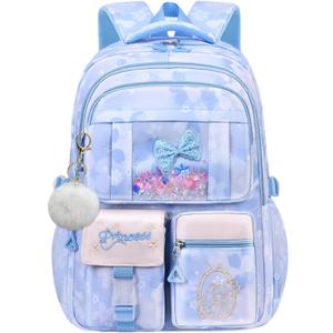 Kids Backpack School Bags for Girls, Cute Princess Backpack Multi-pocket Elementary School Students Bookbag for Girls, Blue