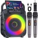Karaoke Machine with Two Wireless Microphones, Portable Karaoke Machine for Adults & Kids, Portable Bluetooth Speaker with PA System, LED Lights, Supports TF Card/USB, AUX in, FM, USB,TWS (Black)