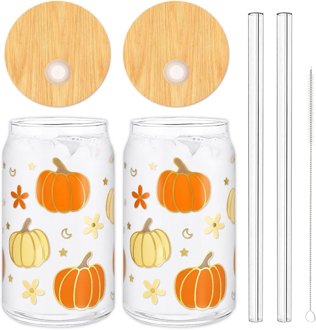 Whaline 2 Pack Fall Drinking Glasses 16oz Pumpkin Flower Star Glass Cup Orange Apricot Pumpkin Iced Coffee Cup with Lid Straw for Autumn Thanksgiving Cocktail Whiskey Beer Soda
