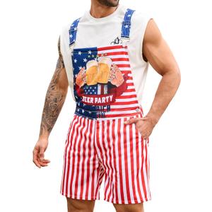 Bindefon Bibs Overalls Men Adjustable Straps Coveralls Shorts Printed Jumpsuit Male Romper (Large, American Flag)