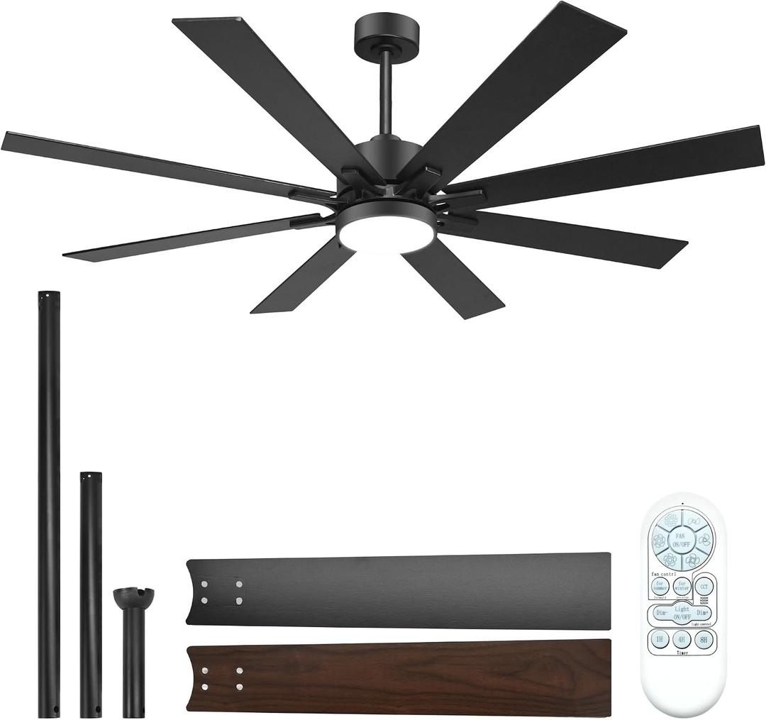 72 Inch Ceiling Fans with Lights and Remote Control, Low Profile & Downrod Mount 8-Blade Modern Black Ceiling Fan, 3CCT Dimmable LED Light, Quiet DC Motor for Bedroom Living Room, ETL Listed