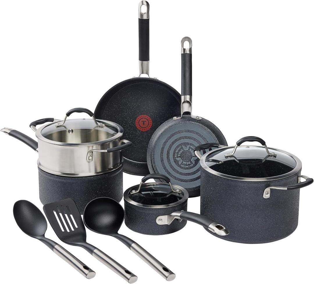T-fal Stone Force Platinum Non Stick Cookware Set 12 Piece, Oven Broiler Safe 400F, Kitchen Cooking Set w/Fry Pans, Saucepans, Dutch Oven, Tools, Steamer Insert, Lids, Cookware, Dishwasher Safe Black