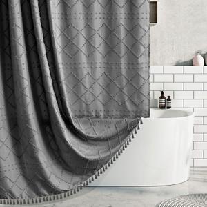 Extra Long Boho Grey Woven Fabric 84 Inch Shower Curtain 72 x 84 Tufted Chevron Striped Shabby Chic Textured, Modern Farmhouse Minimalist, Water Resistant Curtain Set for Bathroom, Hotel Decor