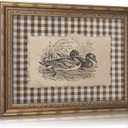 Vintage Gold Framed Wall Art, Brown Gingham Sketch Ducks Canvas Prints, Retro Rustic Farmhouse Animal Picture Wall Decor, Country Cottagecore Goose Poster Artwork for Living Room Bedroom