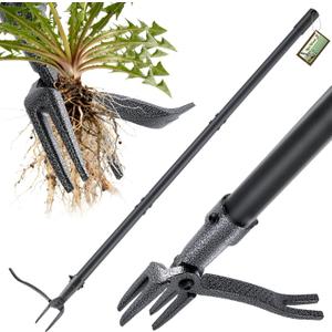 Stand Up Weed Puller Tool, 46" Adjustable All-Metal Long Handle Weeder with 4-Claw Steel Head, Remove Weeds by Roots Without Bending or Kneeling, Heavy Duty Garden Tool Back & Knee Friendly (Black)