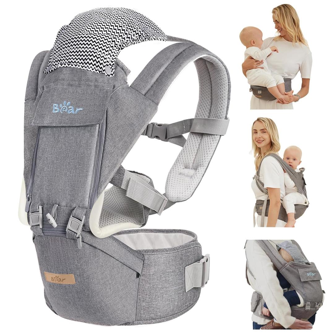 Bear Baby Carrier, 6-in-1 Baby Carrier Newborn to Toddler with Hip Seat (Ergonomic M Position) for 3-36 Month/ 7-44lbs Baby, Adjustable Size for Enhanced Lumbar Support, Perfect for On-The-Go