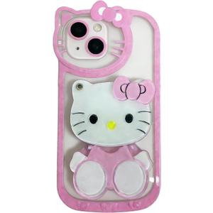Anime Cat Case for iPhone 15,Phone Holder Stand with Makeup Mirror, Kawaii Phone Cases, Cool Unique Protective Cover for Women (Pink)