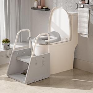3 in 1 Potty Training Toilet Seat & Toddler Step Stool with Potty Train Chair Adapter and Extra Wide Non-Slip Ladder Potty Seats with Raised Guardrail and Splash Protection Design for Kids 1-3 Years (Gray)
