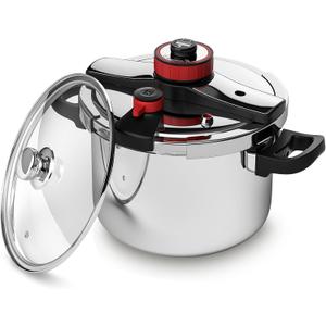 BreeRainz 304 Stainless Steel Pressure Cooker 8.45QT, 3-Stage PSI Settings, One-Hand Locking,Explosion-Proof Pot w/Extra Glass Lid, Timer, Steaming Rack(Induction Compatible Olla de Presion)