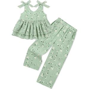 SANMIO Toddler Baby Girl Clothes Floral Summer Outfits Ruffle Sleeveless Tops with Wide Leg Pants Clothing Set for 1-5T (3-4 Years)