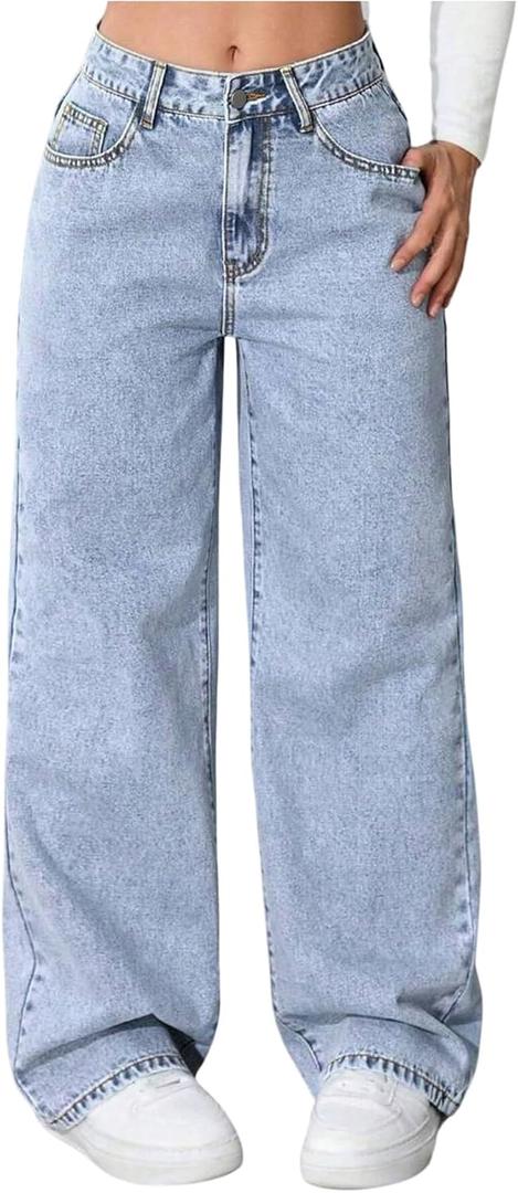 GORGLITTER Girl's Baggy Jeans Cute High Waisted Wide Leg Denim Pants with Pockets Light Wash, 12Y