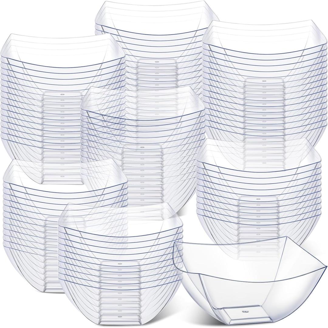 Sliner 100 Pcs Square Plastic Bowls 8 oz Plastic Serving Bowls Disposable Chip Containers for Parties Snack Fruit Candy Containers for Candy Buffet Salad Bar Buffet Party Supplies(Clear)
