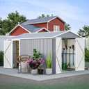 8x12 FT Storage Shed with 2 Lockable Doors and Vents, Alloy Steel Waterproof Tool Sheds, Heavy-Duty Sheds Unit W/Floor Frame, Lock&Key, Garden Shed for Storing Bicycles, Barbeques, Gray