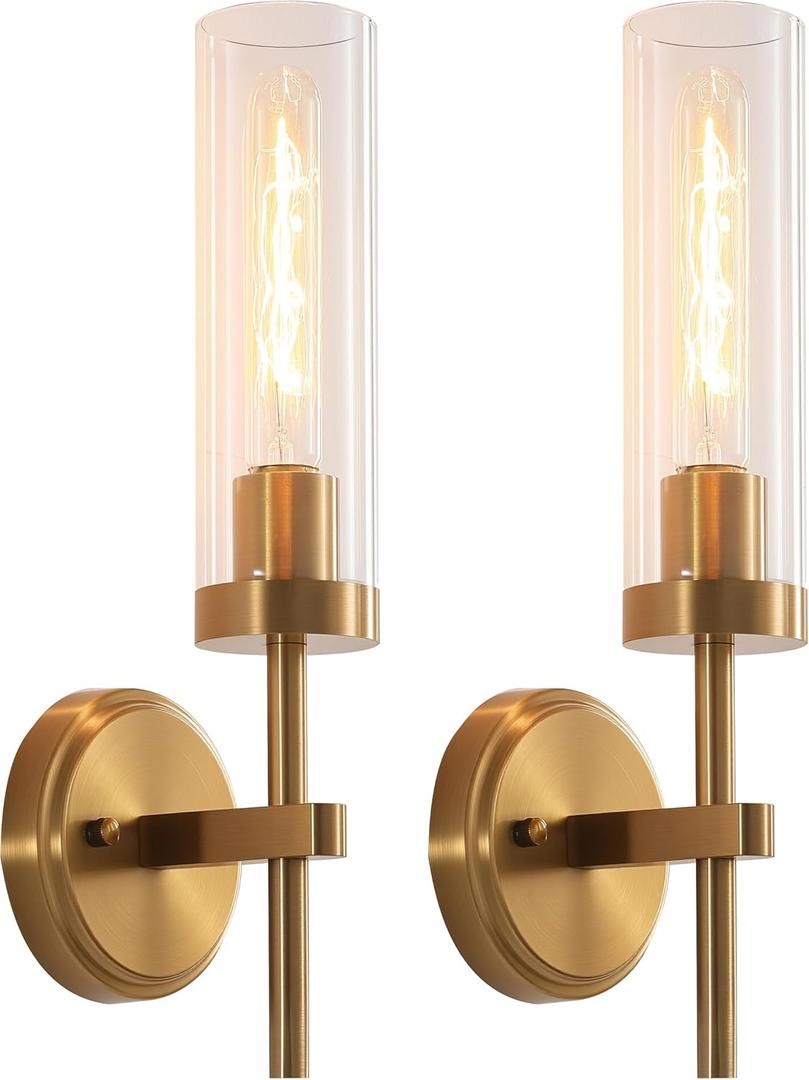 Wall Sconces Set of Two,Brass Gold Bathroom Sconces Wall Lighting with Clear Glass, Modern Sconces Wall Decor Set of 2 Wall Light fixtures for Bathroom Mirror Living Room Hallway Bedroom Wall Lamp