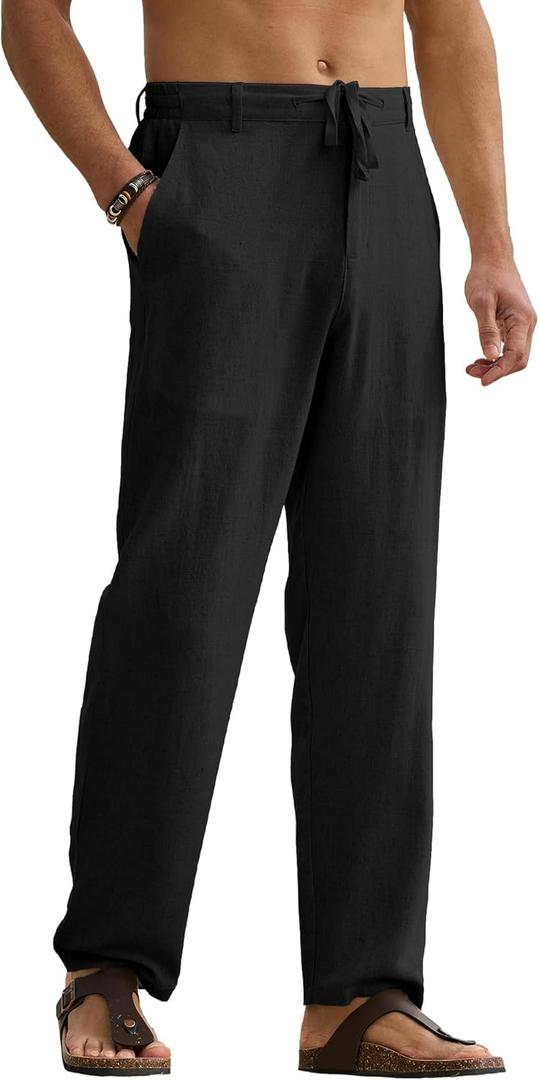 HOTake Men's Linen Pants Casual Beach Summer Vacation Linen Dress Pants Loose Fit (XX-Large, Black)