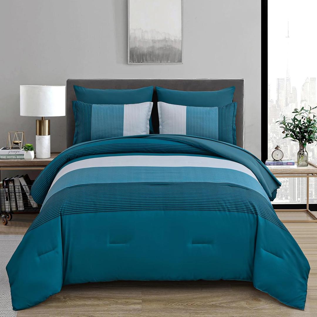 Teal Blue Queen Comforter Set, Blue Striped Bed in a Bag Soft Bedding Set All Season Patchwork Bed Set Microfiber 7 Piece Filling Comforter, Flat/Fitted Sheets and Pillowcase 90"x90"