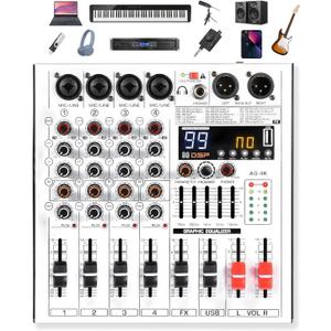 4 Channel Professional Audio Mixer with 4 MIC/LINE Inputs, 5-Band EQ, 99DSP Effects, USB Playback/Recording, +48V Phantom Power for Musicians Live Streaming DJ Podcasting Home Studio(AG-4K)