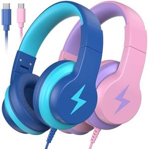 Kids Headphones for School 1 Pack, Upgrade USB C Headphones for Kids, Wired Headphone for Kid, HD Stereo Sound, Foldable Kid Over-Ear Headphone for Boys, Girls, iPad, PC, Tablets, Travel Blue