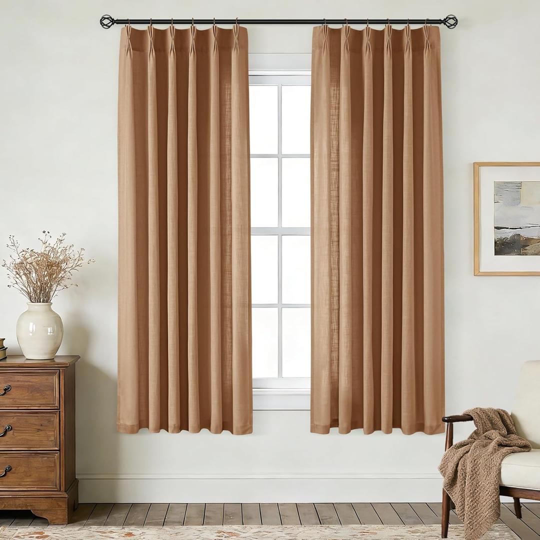 Brown Linen Pleated Curtains 63 Inch Length 2 Panels for Living Room Pinch Pleat Semi Sheer Drapes Light Filtering Window Treatments with Hooks Lightweight for Bedroom Elegant Country Decor 40x63