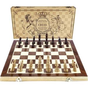 AMEROUS Chess Set, 15"x15" Folding Magnetic Wooden Standard Chess Game Board Set with Wooden Crafted Pieces and Chessmen Storage Slots