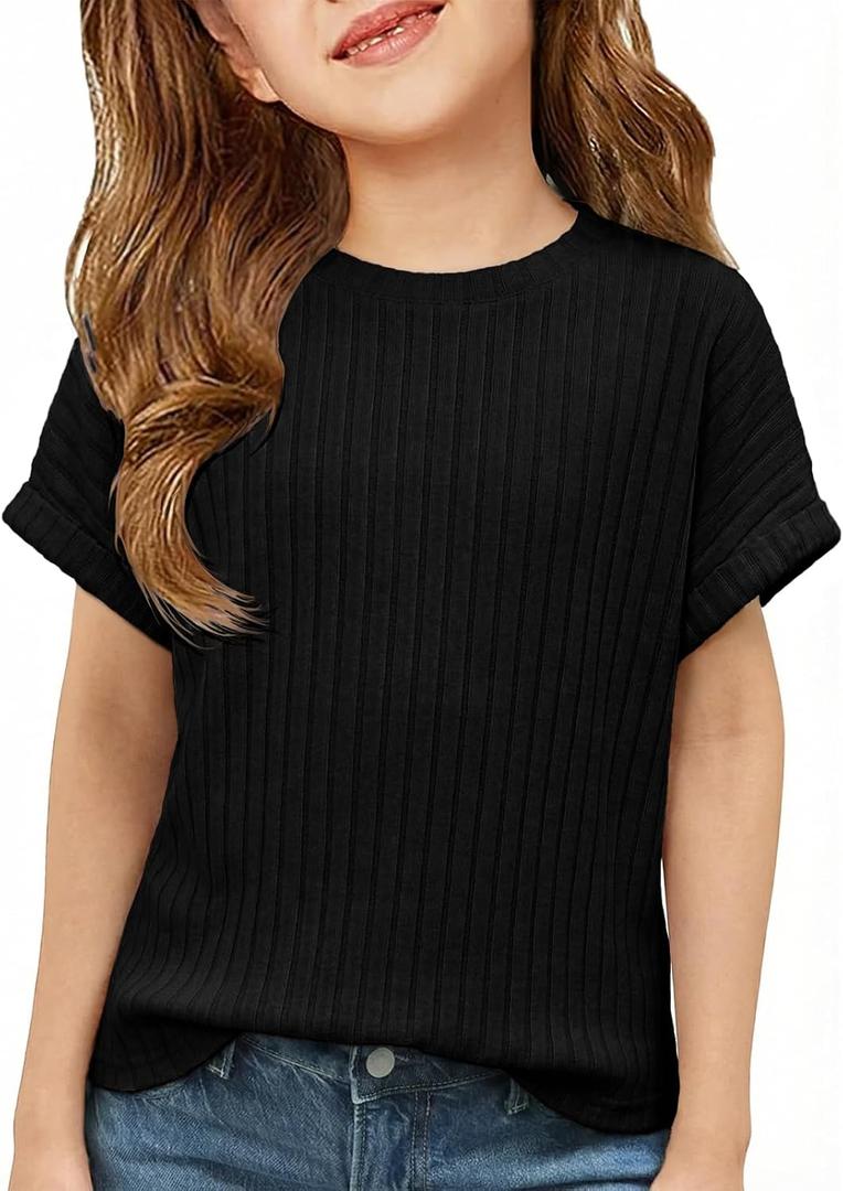 ZDC Girls Short Sleeve T Shirts Kids Summer Textured Tops Crewneck Casual Tee 5-14 Years (Black)