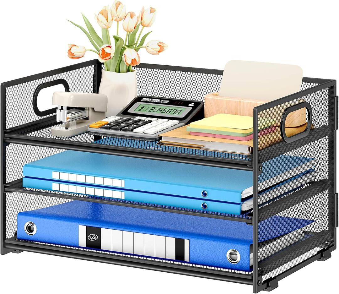 Subekyu 3 Tier Paper Letter Tray Organizer for Desk, Black Metal Mesh Desk File Folder Sorter Organizer with Handle and Sliding Tray for Home, Office, School Supplies Organization Storage (12.6" x 9.1" x 8.1")