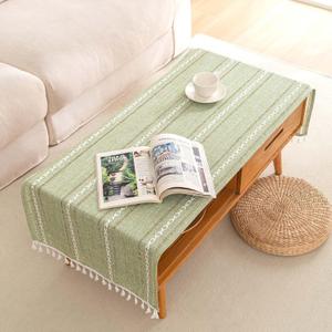 SIELUNO Linen Coffee Table Cloth, Rustic Farmhouse Coffee Table Cover for Living Room Tea Table Washer Dryer Fridge Top Dust Cover-Hollow Sage Green-20x60inch