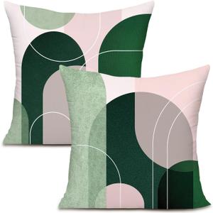 Pink and Green Circle Throw Pillow Covers Decorative for Couch Sofa Bed Living Room Bedroom 18x18 inches Set of 2