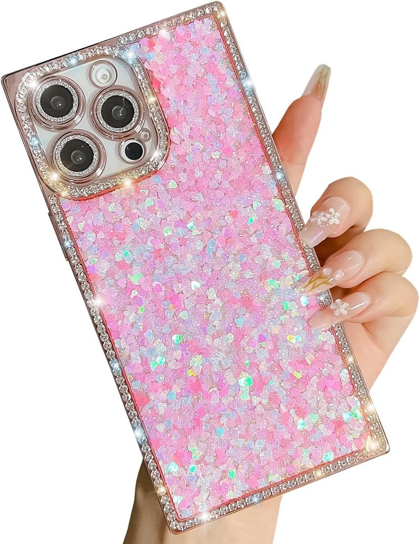 Trendy Girly Glitter Powder Compatible with iPhone 16 Pro Rectangle Case, Elegent Cute Slim Women Bling Diamond Rhinestones Plating Phone Cases(Pink,16 Pro)