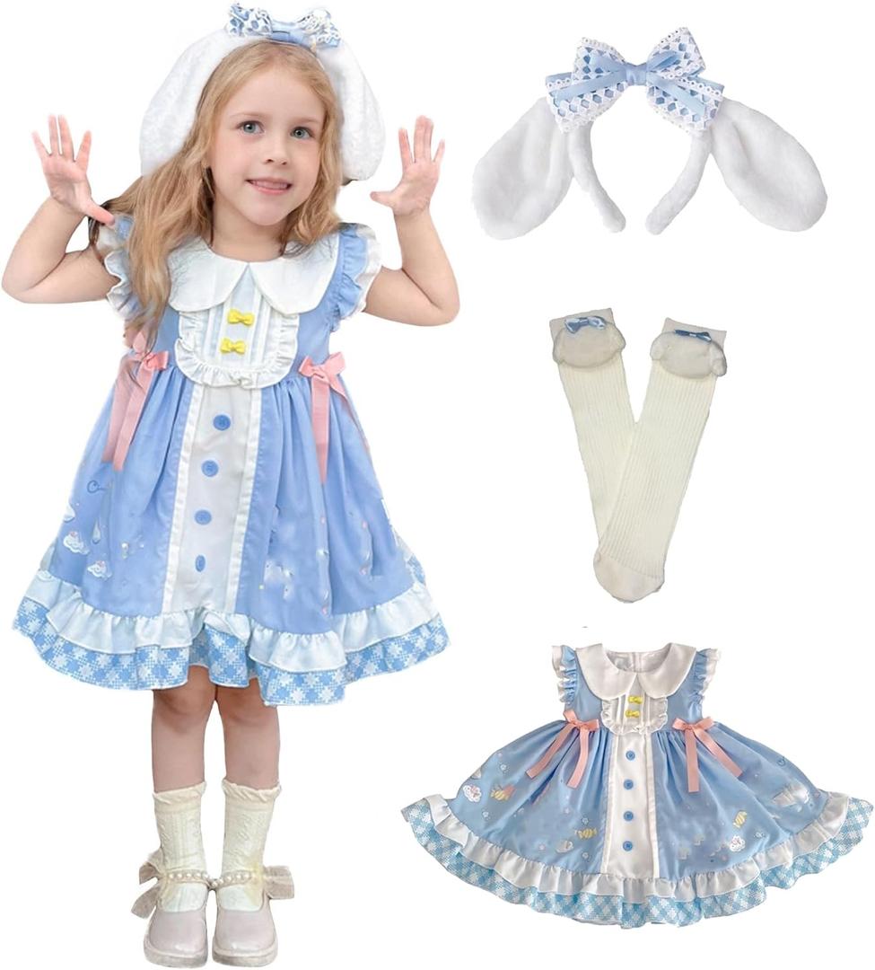 Girls Dress Cute Ruffle Sleeve Casual Dresses with Headband and Socks Halloween Birthday Party Outfits (9-10 Years, Blue)