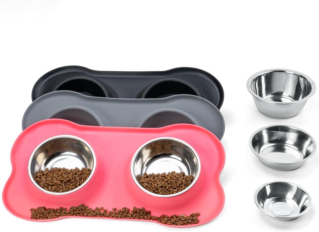 Stainless Steel Dog Bowls with Non-Slip Silicone Mat, Spill Proof Food & Water Bowls Set, Easy Clean Puppy Food Dish, Dishwasher Safe, Suitable for Dogs Cats Pet Under 20lbs, Medium, Pink (Medium-13 oz)