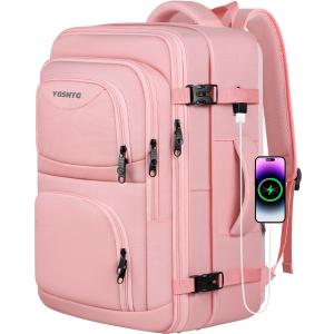 YGSNTG Travel Backpack for Women, 52L Carry On Backpack, Extra Large Expandable Travel Bag, 18.4 Inch TSA Flight Approved Luggage Personal Item Size with USB, Teacher Business Daypack, Pink