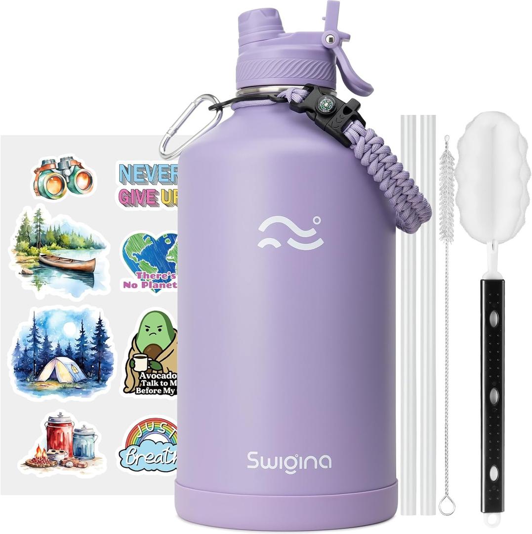 Swigina [2-IN-1 LID] Gallon Insulated Water Bottle with Silicone Boot (48hrs Cold/24hrs Hot) - DIY Stickers, Leakproof, BPA Free, 128 oz (Lavender)