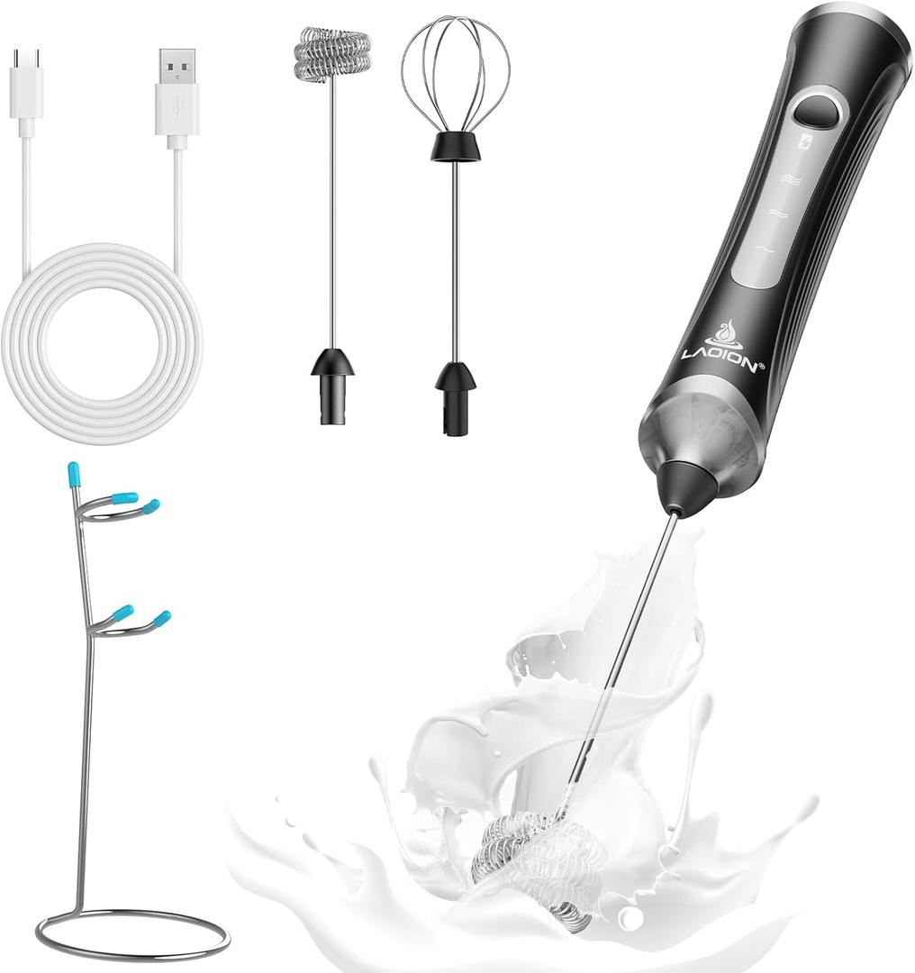 Rechargeable Frother Wand with Stand, Milk Frother with Detachable Stainless Steel Double Rings Whisk, 3-Speed Handheld Electric Drink Mixer for Lattes, Cappuccino, Coffee (Black)