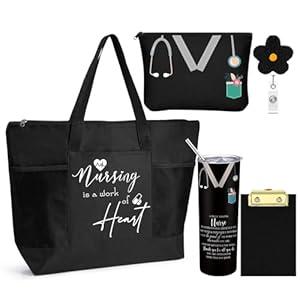Willinglong 5 Pcs Nurse Week Appreciation Gifts 20 oz Tumbler Tote Bag Makeup Bag Clipboard for Graduation Nursing Student (Black)