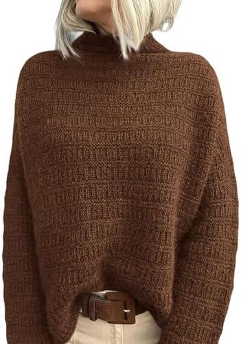 PRETTYGARDEN Womens Mock Neck Oversized Sweaters 2026 Long Sleeve Pullover Fall Sweater Knit Jumper Tops Winter Clothing, L