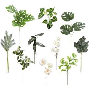 GAATEEK Artificial Greenery Stems Box Set，34 Pcs with 10 Kinds of Faux Greenery Branches Fake Leaves for Wedding DIY Bouquets Floral Arrangement Table Centerpieces(Tropical White Green), 3 Pack