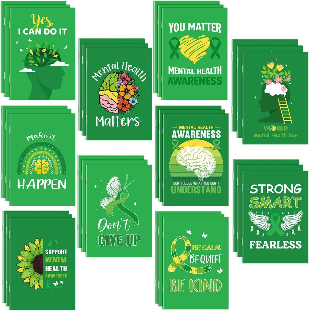 Dinifee 200 Pcs Mini Mental Health Notepads Small Memo Pad Notepads Bulk Mental Health Awareness Green Ribbon Pocket Notebooks, 10 Styles