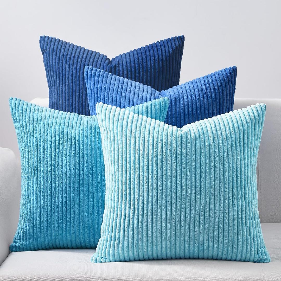 Topfinel Blue Throw Pillow Covers 18x18 Inch Set of 3,Soft Accent Corduroy Decorative Cushion Cover,Square Modern Pillow Case for Beach,Patio,Balcony,Living Room,Summer Gradient Shams Home Decor