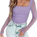 Women's Square Neck Mesh Long Sleeve Bodysuit Shirts Ruched Body Suit Leotard Tops, XS