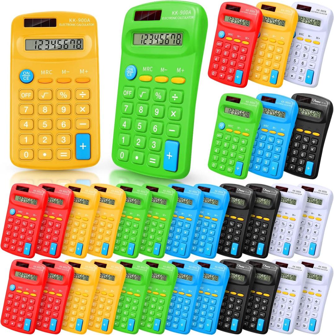 30 Pack Pocket Calculator Small Battery Powered Bulk Mini Size 4 Function Hand Held Basic Calculator for Students Kids School Home Office(Green, White, Red, Yellow, Blue, Black)