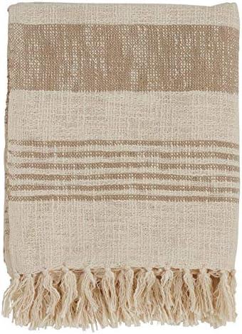 SARO LIFESTYLE Striped Cotton Throw Blanket with Tasseled Trim, Natural, 50"x60"