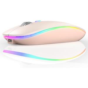 TENMOS Wireless Bluetooth Mouse, LED Slim (Bluetooth 5.1 + USB) 2.4GHz Rechargeable Silent Bluetooth Wireless Mouse with Type C Adapter for Laptop/MacBook/iPad OS 13 and Above - Light Pink
