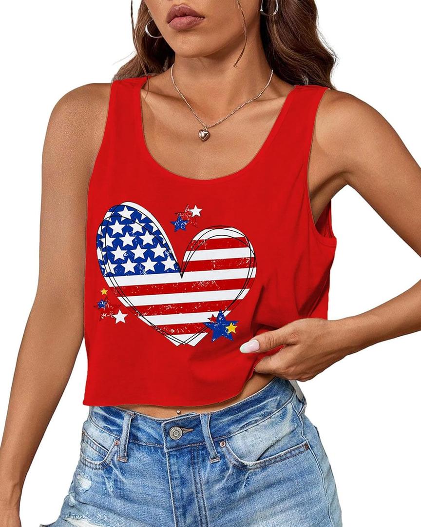 Aluvee USA 4th of July Tank Tops Women Red White and Blue Shirts Tank Tops American Patriotic Flag Crop Sleeveless Tee (M)