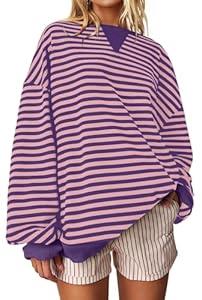 Darong Women Oversized Striped Color Block Long Sleeve Crew Neck Sweatshirt Casual Cotton Pullover Sweatshirts Fall Cloth (Purple Pink, M)