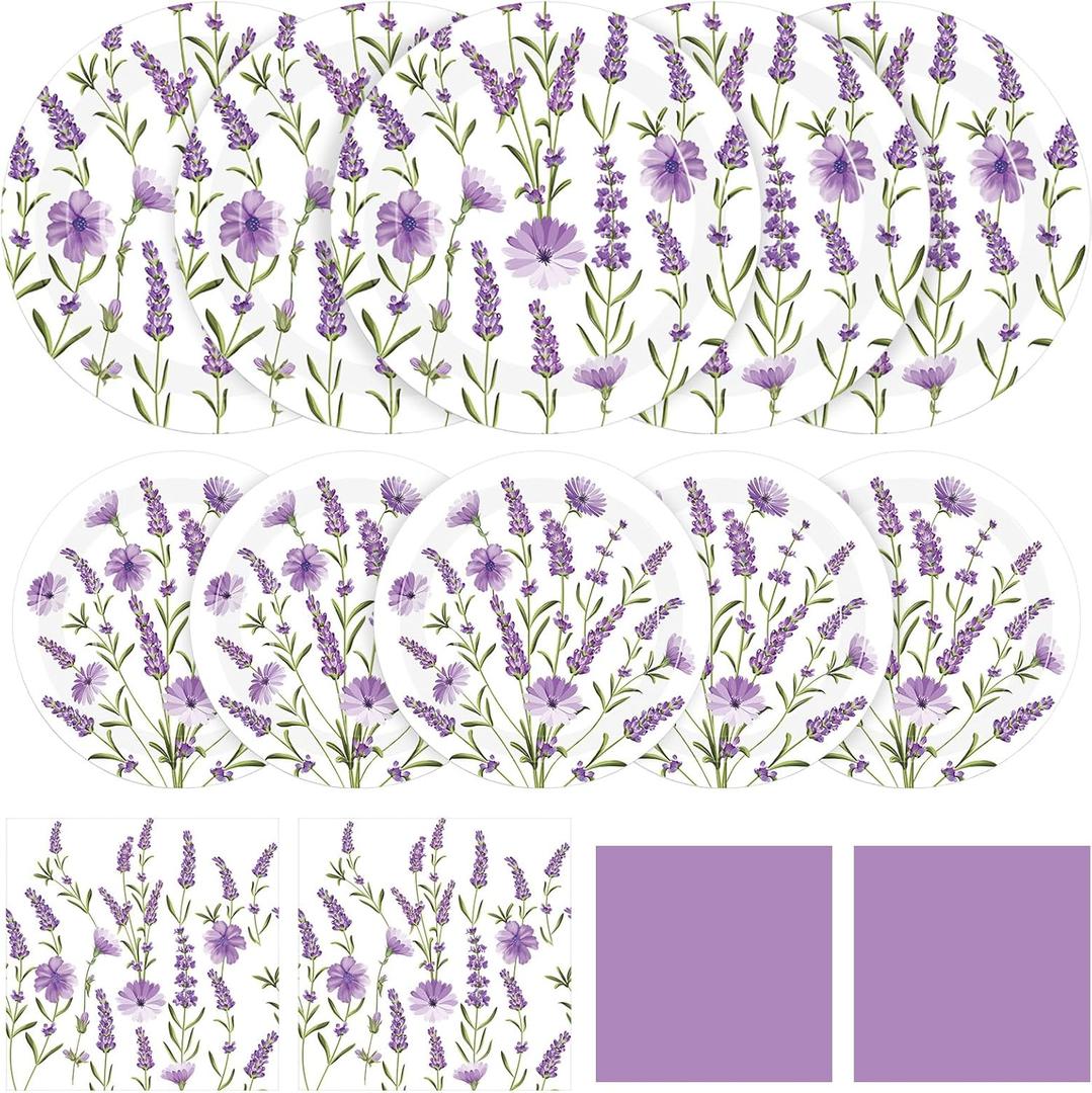Funnymoom 200 Pcs Lavender Floral Party Supplies Kit Purple Disposable Paper Dinner Dessert Plates Luncheon Napkins Beverage Napkins for Spring Summer Birthday Wedding Tea Party Decoration 50 Guests